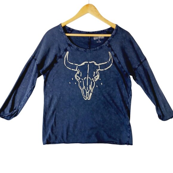 Lucky Brand Tops - Lucky Brand, Western, Steer Skull, Navy, 3/4 Sleeve Cotton Tee, Medium